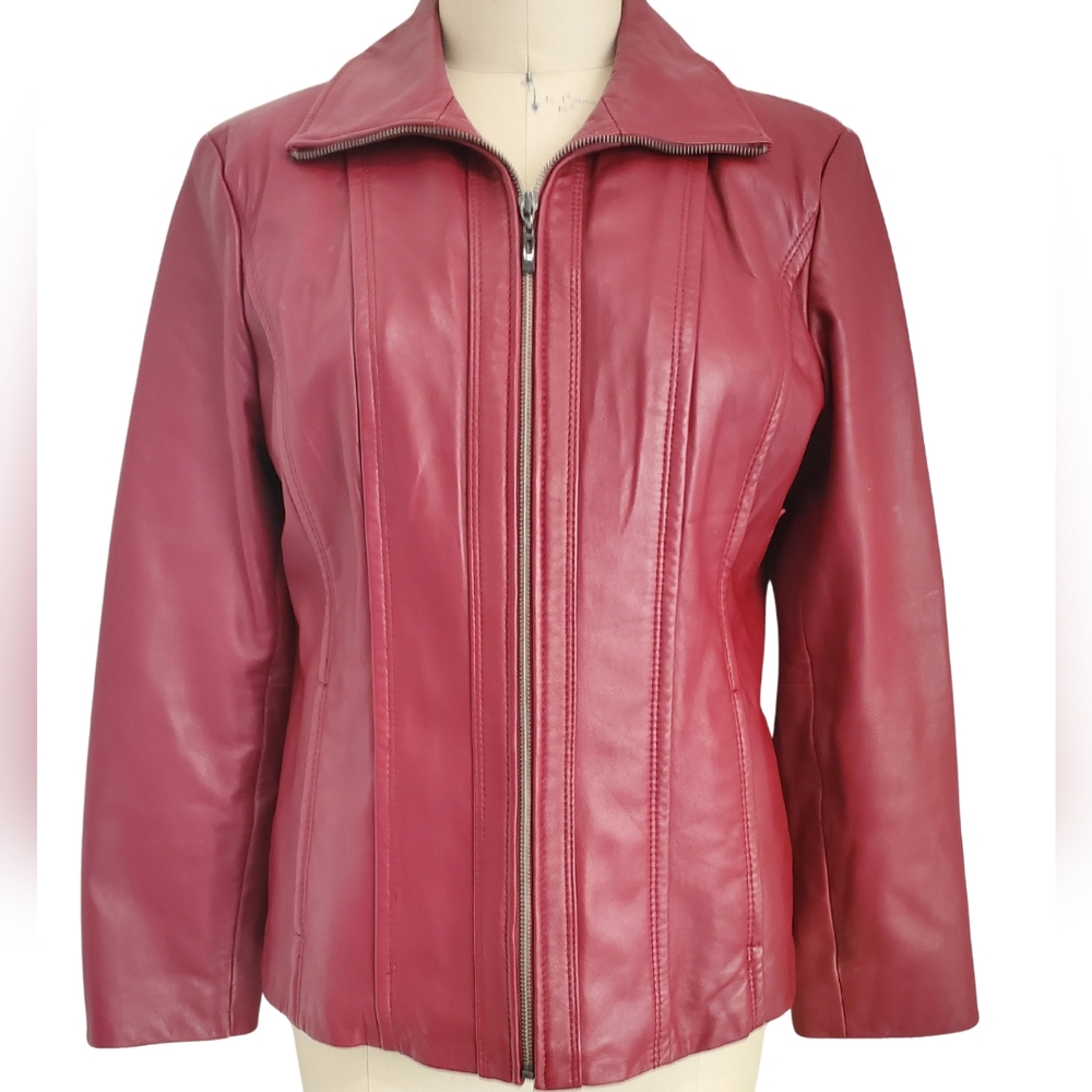 Kenneth Cole Reaction Women's Berry-Red Leather Zip Jacket